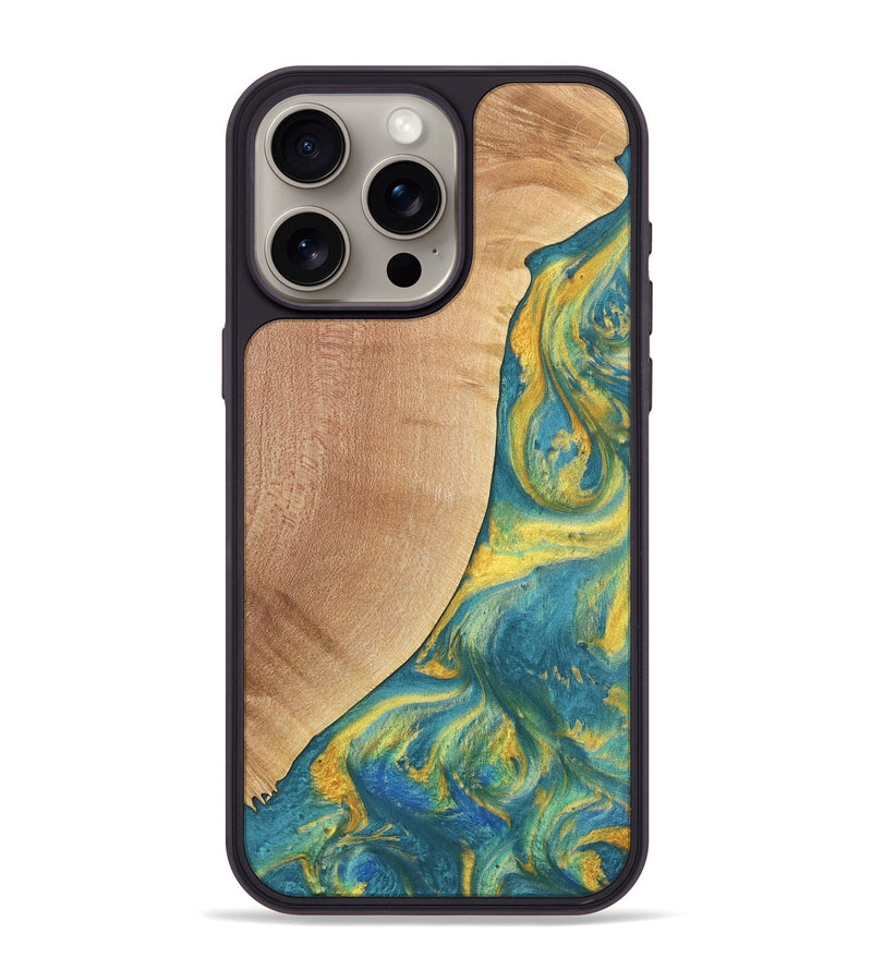 iPhone 15 Pro Max Wood Phone Case - Furman (Teal & Gold, 735408)