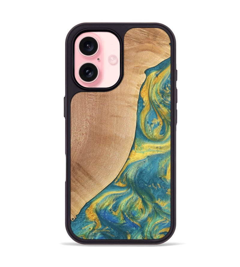 iPhone 16 Wood Phone Case - Furman (Teal & Gold, 735408)