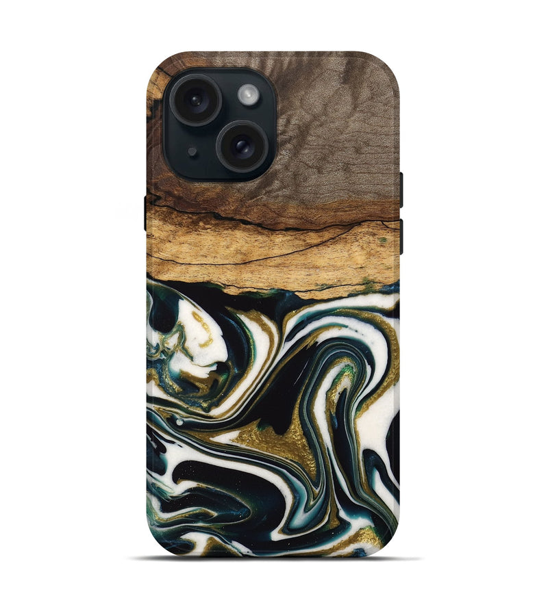 iPhone 15 Wood Live Edge Phone Case - Olinda (Teal & Gold, 735613)