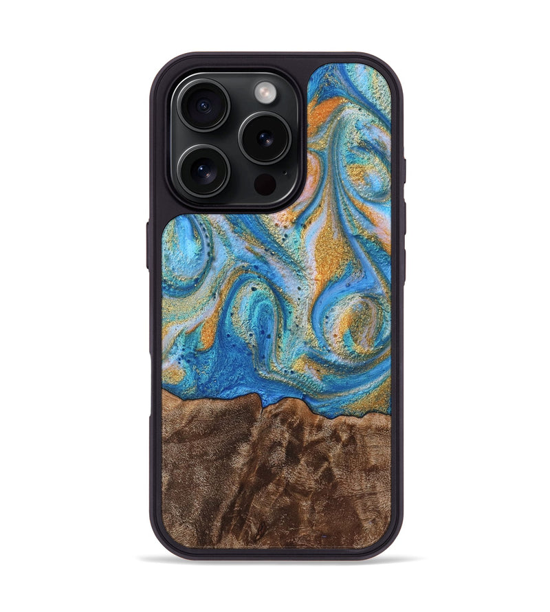 iPhone 16 Pro Wood Phone Case - Nerty (Teal & Gold, 735632)