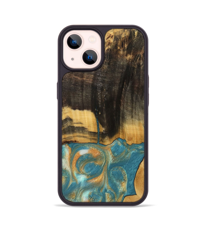 iPhone 14 Wood Phone Case - Desire (Teal & Gold, 735774)