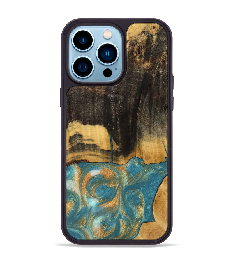 iPhone 14 Pro Max Wood Phone Case - Desire (Teal & Gold, 735774)