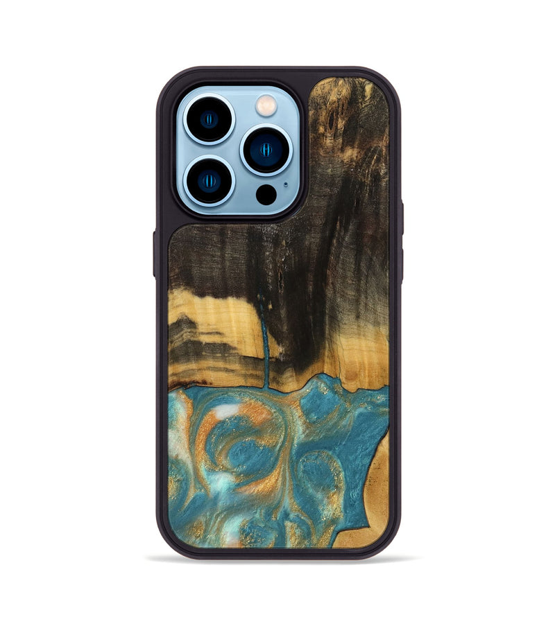 iPhone 14 Pro Wood Phone Case - Desire (Teal & Gold, 735774)