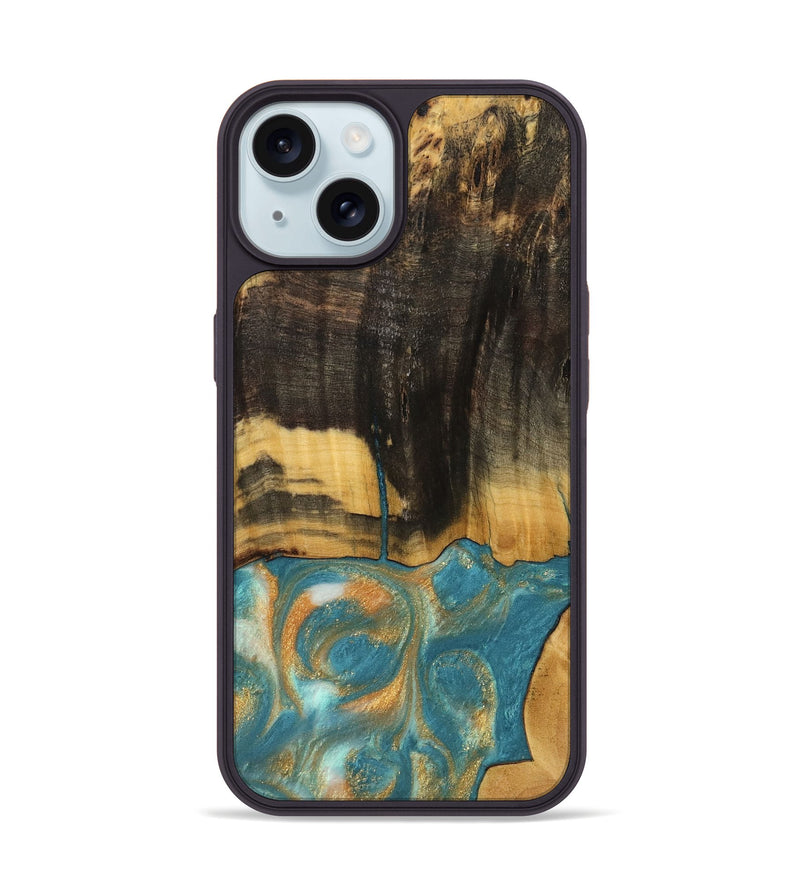 iPhone 15 Wood Phone Case - Desire (Teal & Gold, 735774)