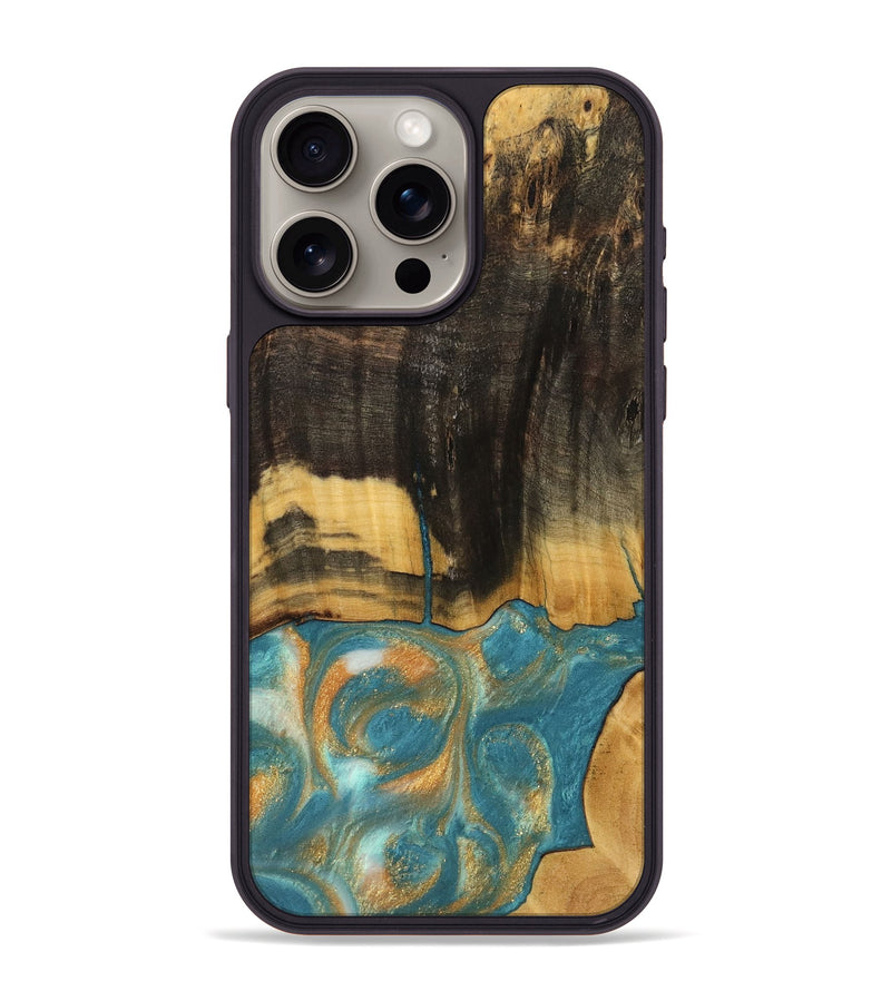 iPhone 15 Pro Max Wood Phone Case - Desire (Teal & Gold, 735774)