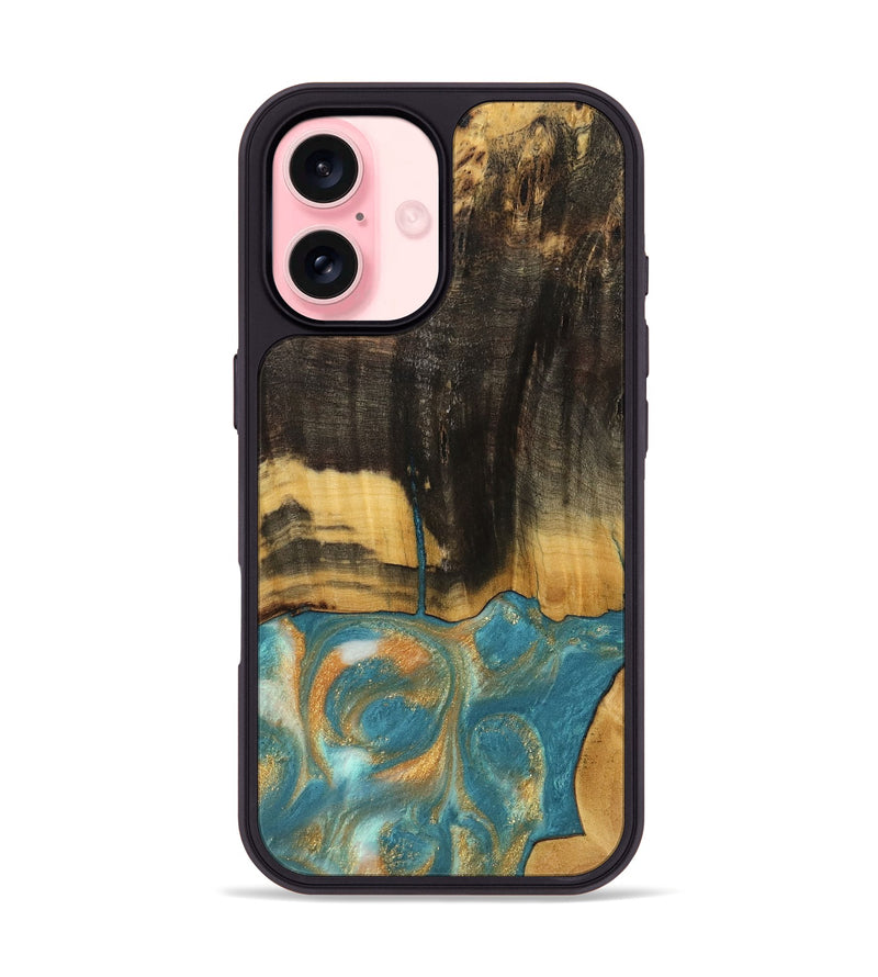 iPhone 16 Wood Phone Case - Desire (Teal & Gold, 735774)