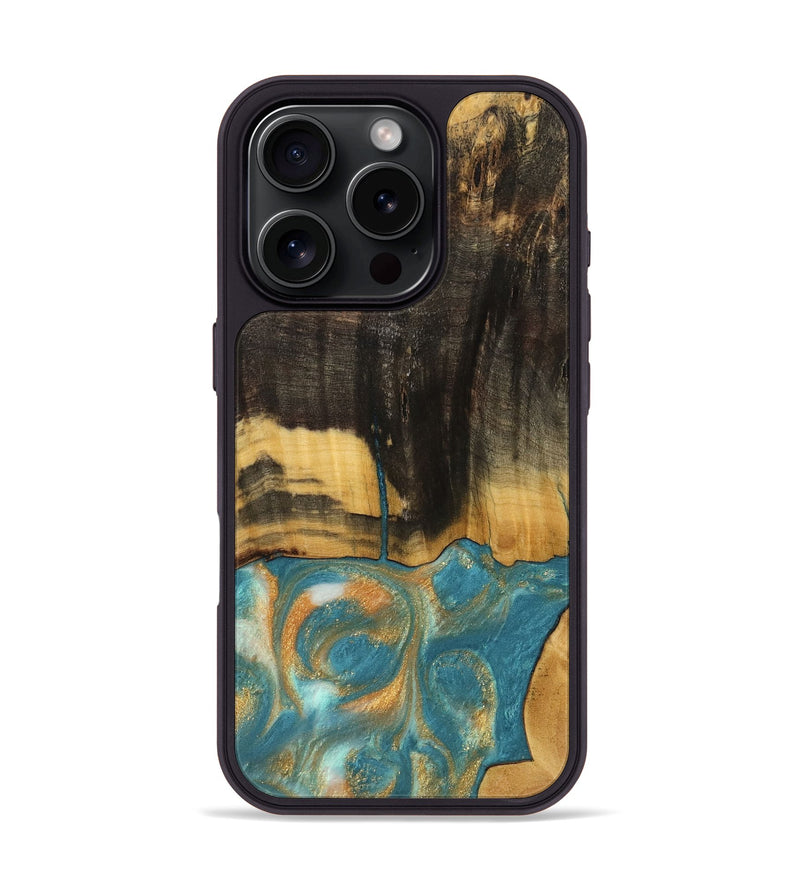 iPhone 16 Pro Wood Phone Case - Desire (Teal & Gold, 735774)