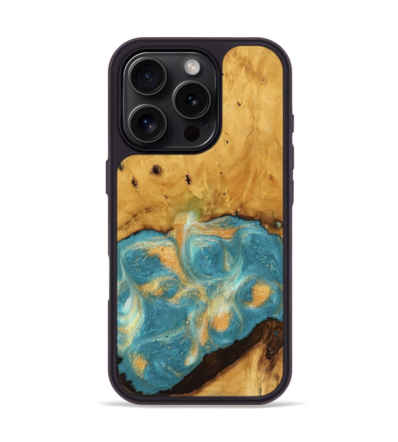 iPhone 16 Pro Wood Phone Case - Chrysa (Teal & Gold, 735777)