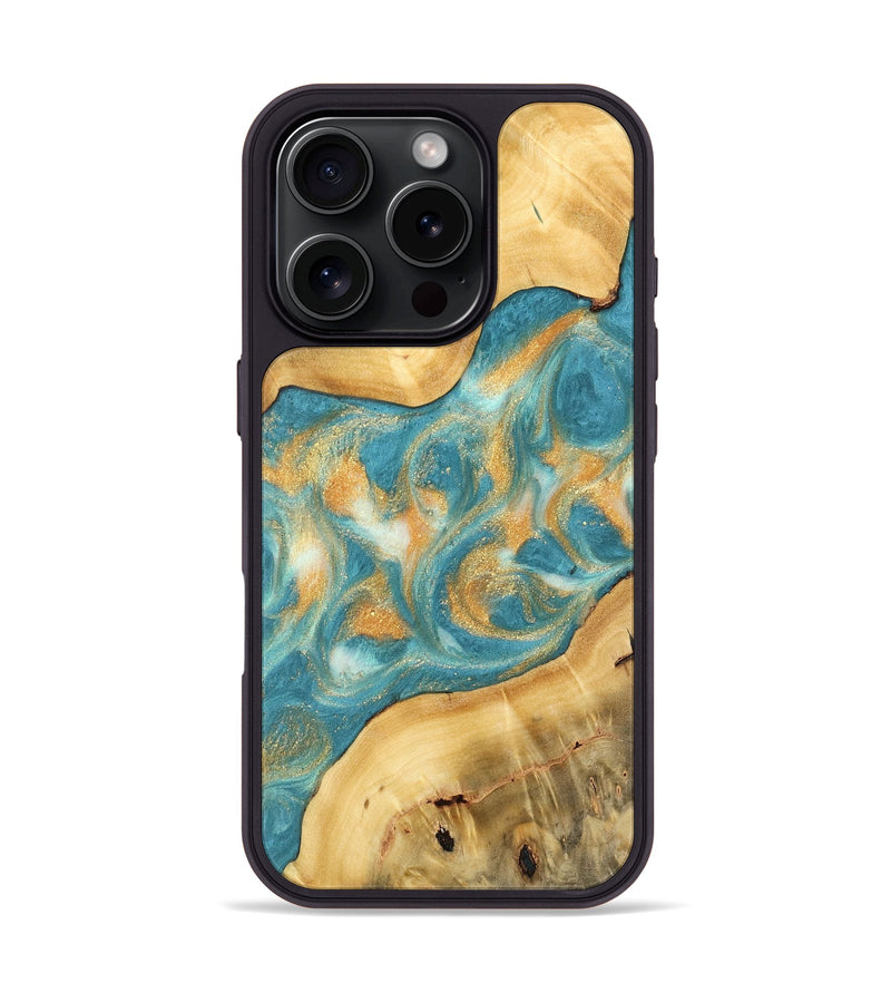 iPhone 16 Pro Wood Phone Case - Hassie (Teal & Gold, 735852)