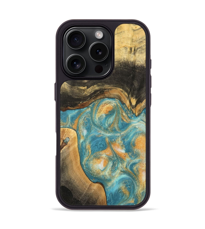 iPhone 16 Pro Wood Phone Case - Laurent (Teal & Gold, 735864)