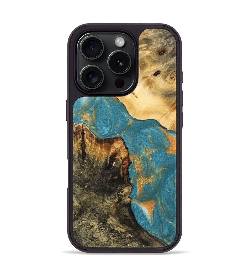 iPhone 16 Pro Wood Phone Case - Floria (Teal & Gold, 735869)