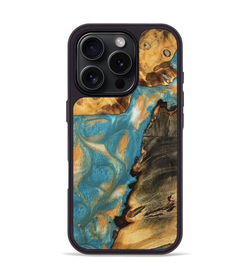 iPhone 16 Pro Wood Phone Case - Nestor (Teal & Gold, 735899)