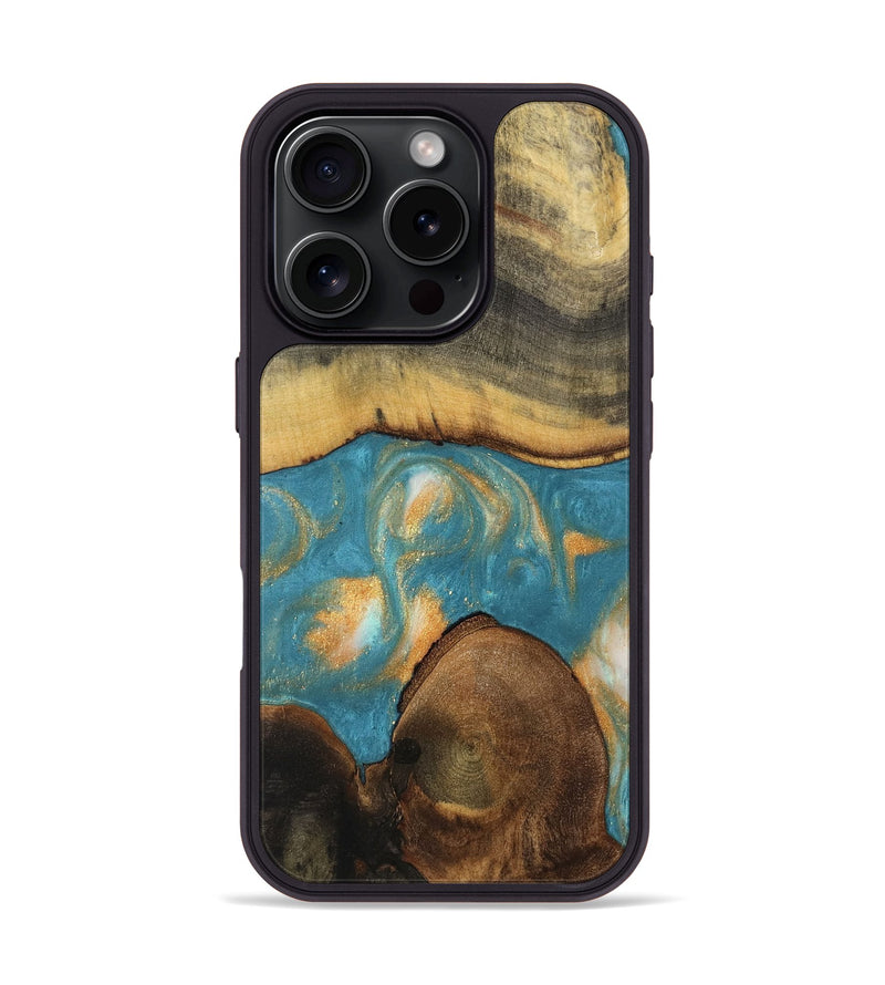 iPhone 16 Pro Wood Phone Case - Neda (Teal & Gold, 735912)