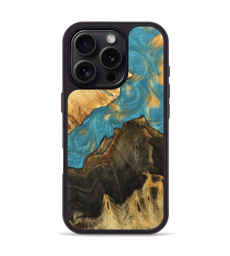 iPhone 16 Pro Wood Phone Case - Hakeem (Teal & Gold, 735933)