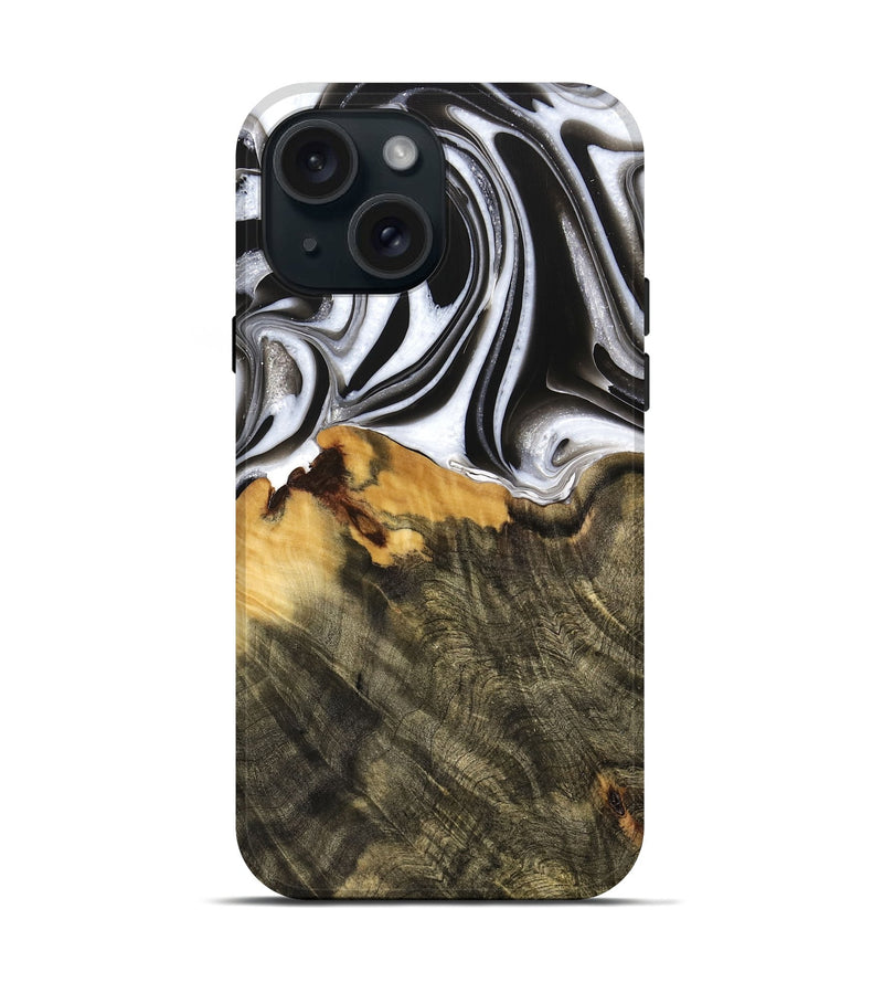 iPhone 15 Wood Live Edge Phone Case - Merlyn (Black & White, 736521)