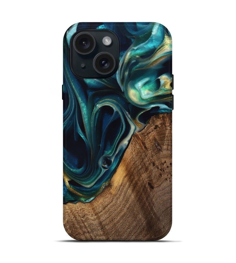 iPhone 15 Wood Live Edge Phone Case - Shama (Teal & Gold, 738044)