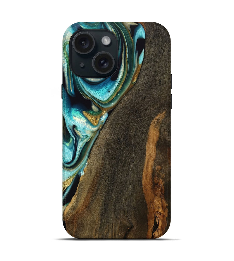 iPhone 15 Wood Live Edge Phone Case - Anader (Teal & Gold, 738045)