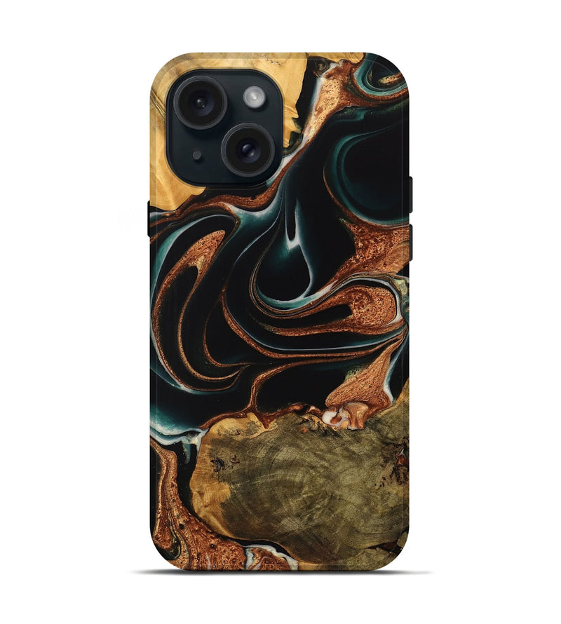 iPhone 15 Wood Live Edge Phone Case - Adelice (Teal & Gold, 738046)