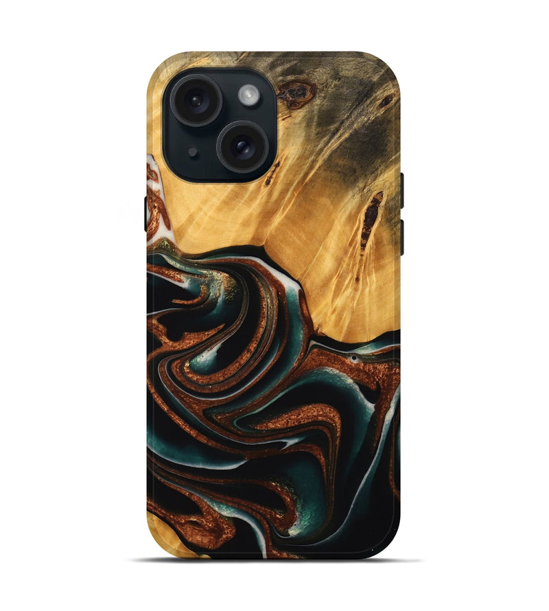 iPhone 15 Wood Live Edge Phone Case - Davin (Teal & Gold, 738066)