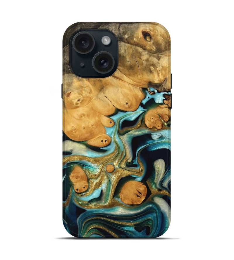 iPhone 15 Wood Live Edge Phone Case - Halli (Teal & Gold, 738070)