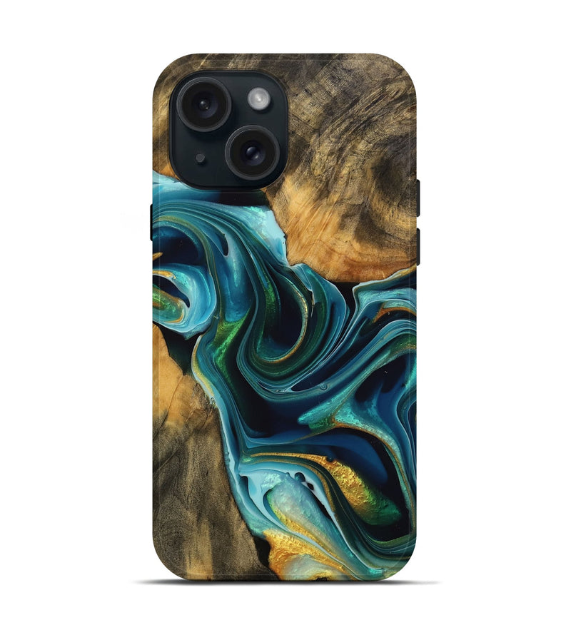 iPhone 15 Wood Live Edge Phone Case - Roby (Teal & Gold, 738072)