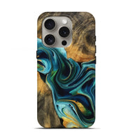 iPhone 16 Pro Wood Live Edge Phone Case - Roby (Teal & Gold, 738072)