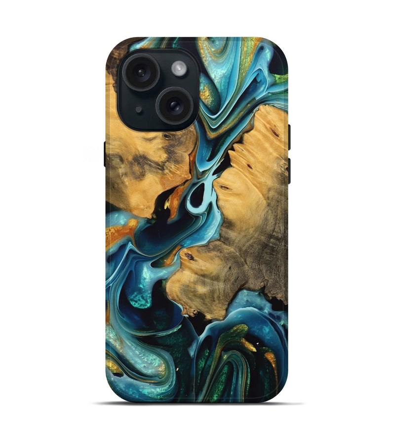 iPhone 15 Wood Live Edge Phone Case - Mervyn (Teal & Gold, 738074)