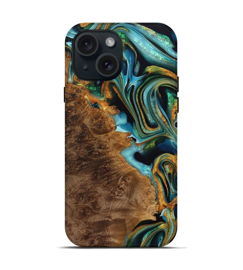 iPhone 15 Wood Live Edge Phone Case - Mirella (Teal & Gold, 738075)