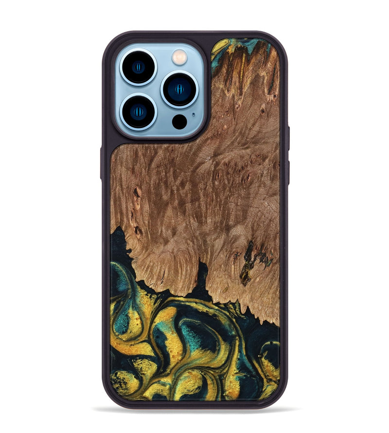 iPhone 14 Pro Max Wood Phone Case - Marylin (Teal & Gold, 738438)