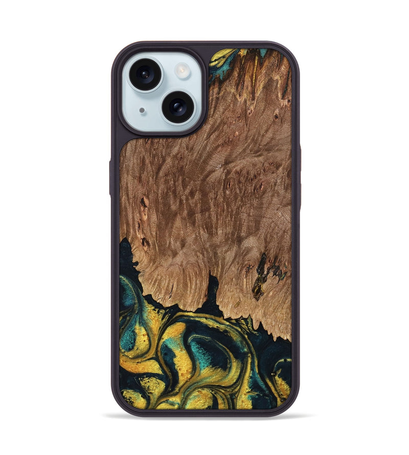 iPhone 15 Wood Phone Case - Marylin (Teal & Gold, 738438)