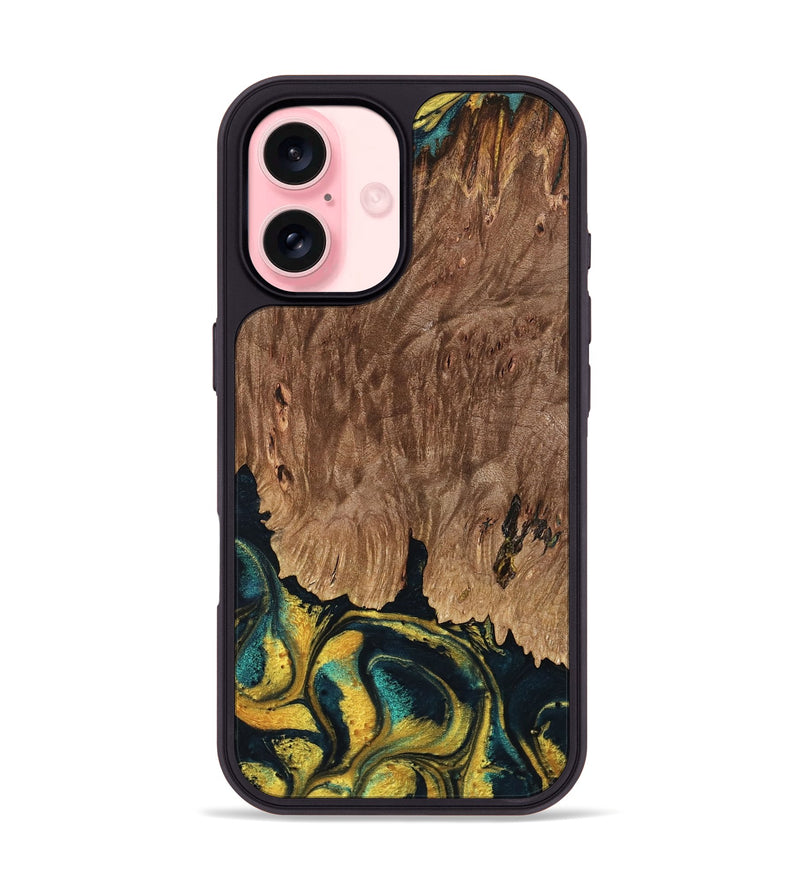 iPhone 16 Wood Phone Case - Marylin (Teal & Gold, 738438)