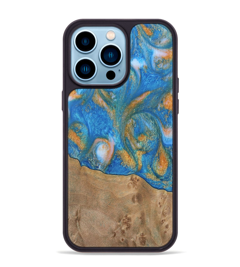 iPhone 14 Pro Max Wood Phone Case - Ellison (Teal & Gold, 738864)