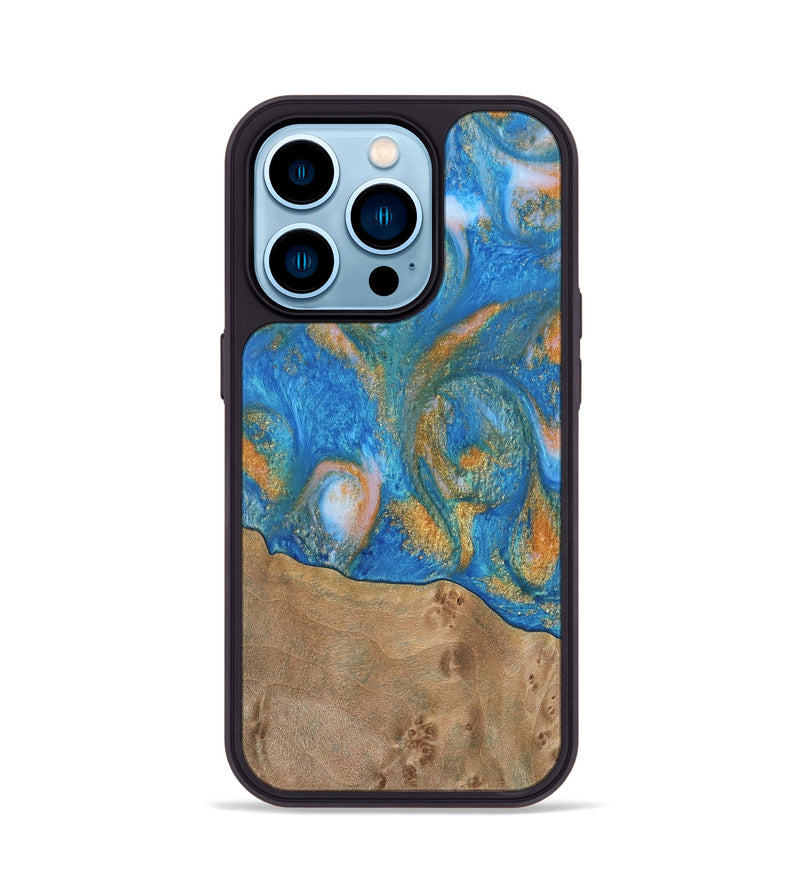 iPhone 14 Pro Wood Phone Case - Ellison (Teal & Gold, 738864)