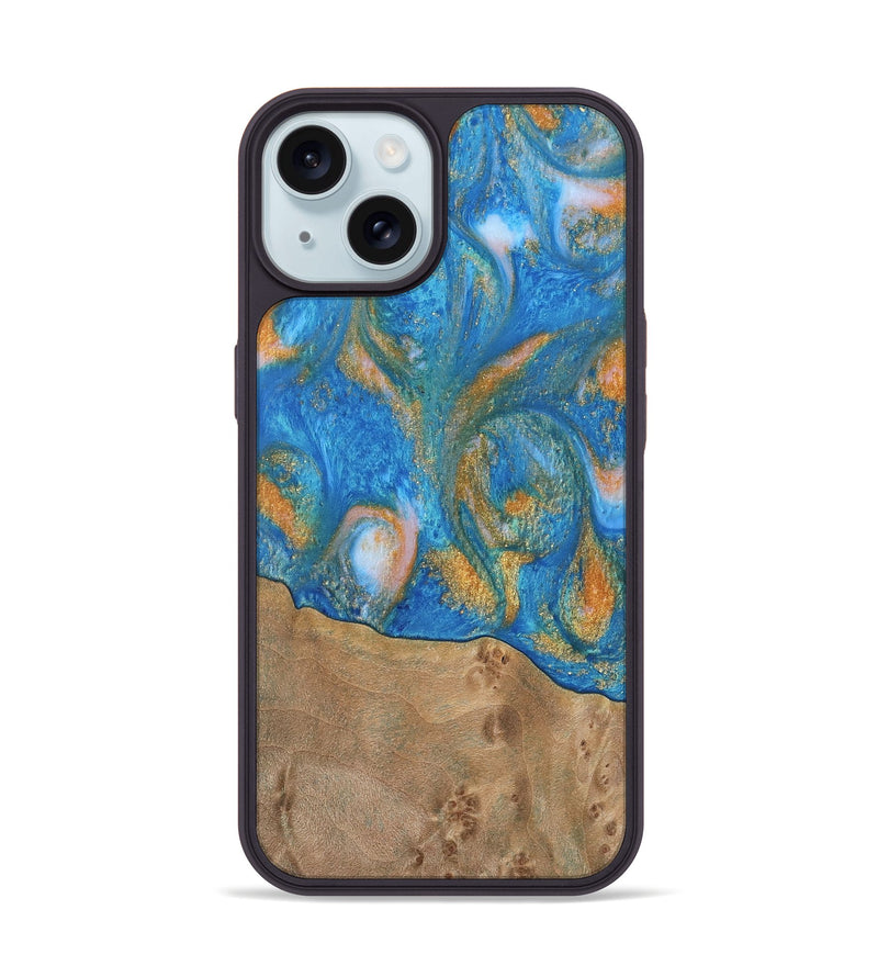 iPhone 15 Wood Phone Case - Ellison (Teal & Gold, 738864)