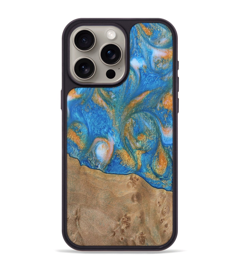 iPhone 15 Pro Max Wood Phone Case - Ellison (Teal & Gold, 738864)