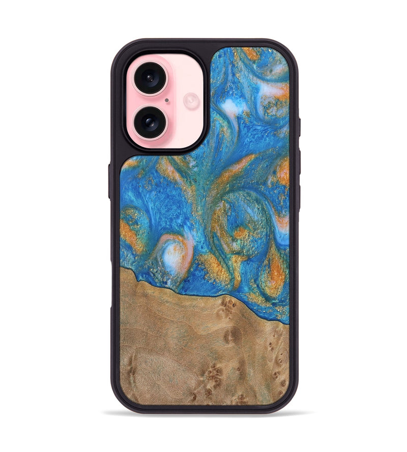 iPhone 16 Wood Phone Case - Ellison (Teal & Gold, 738864)