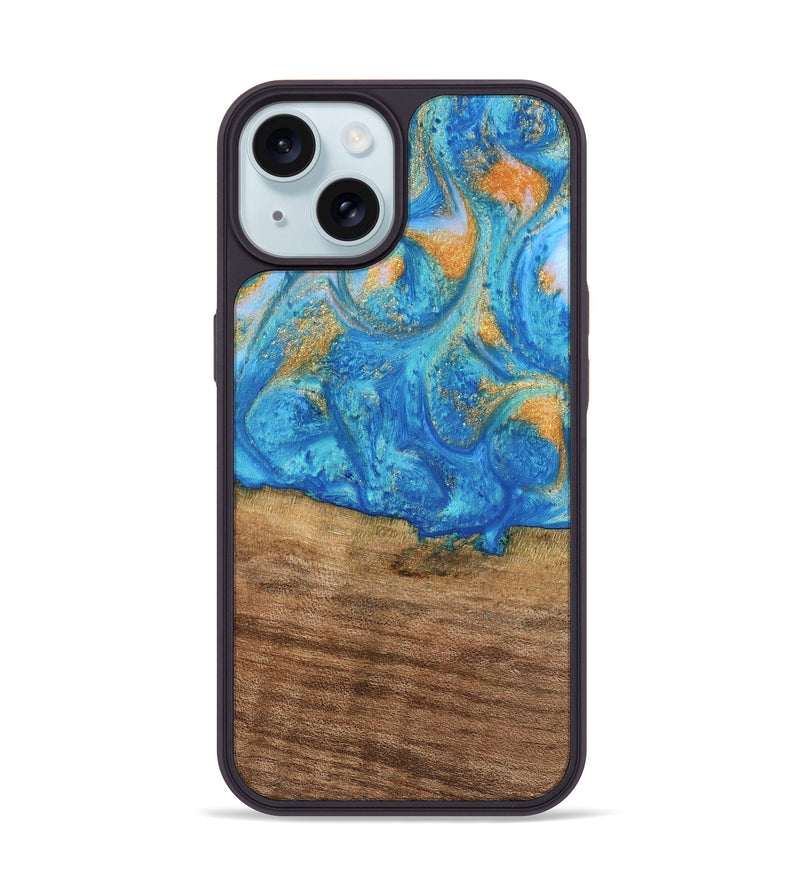 iPhone 15 Wood Phone Case - Kaci (Teal & Gold, 738906)