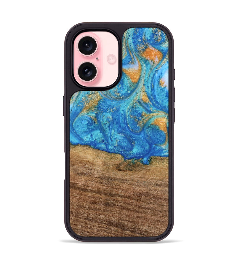 iPhone 16 Wood Phone Case - Kaci (Teal & Gold, 738906)