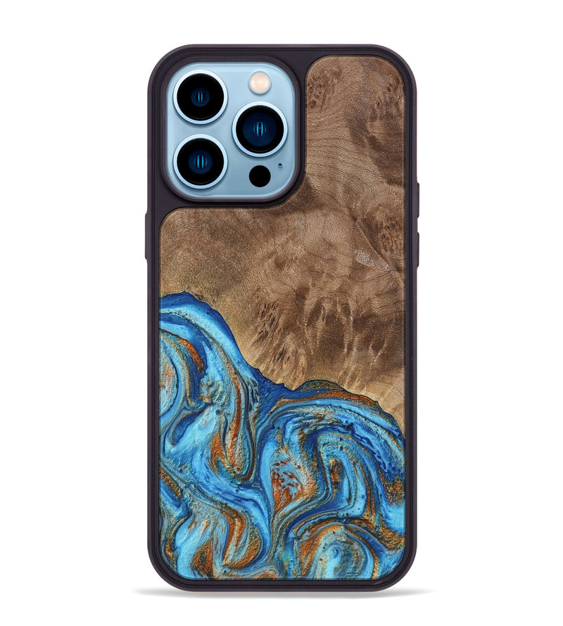 iPhone 14 Pro Max Wood Phone Case - Annick (Teal & Gold, 738943)