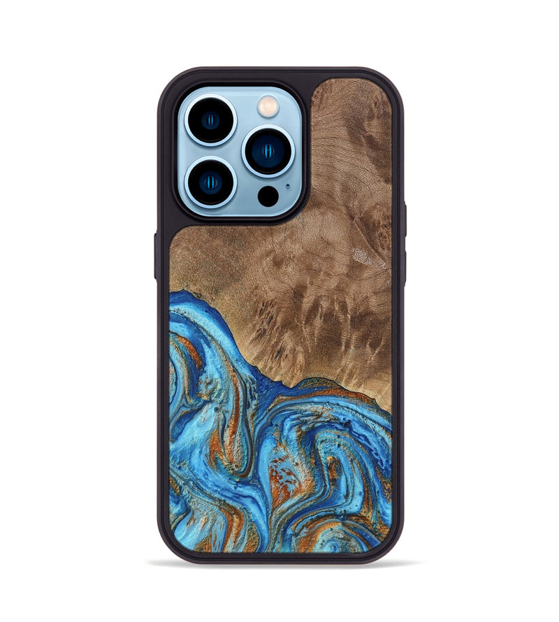 iPhone 14 Pro Wood Phone Case - Annick (Teal & Gold, 738943)