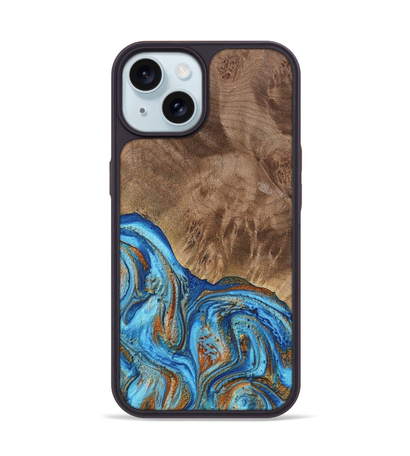 iPhone 15 Wood Phone Case - Annick (Teal & Gold, 738943)