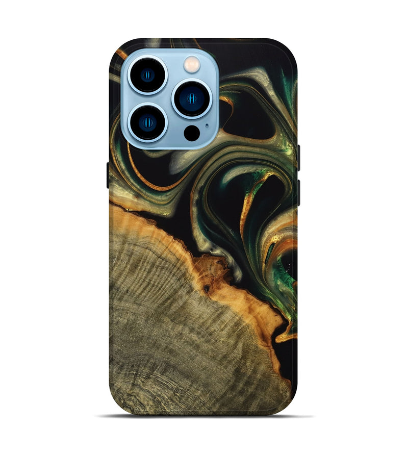 iPhone 14 Pro Wood Live Edge Phone Case - Medora (Teal & Gold, 739078)