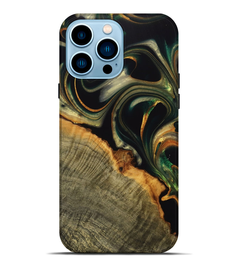 iPhone 14 Pro Max Wood Live Edge Phone Case - Medora (Teal & Gold, 739078)