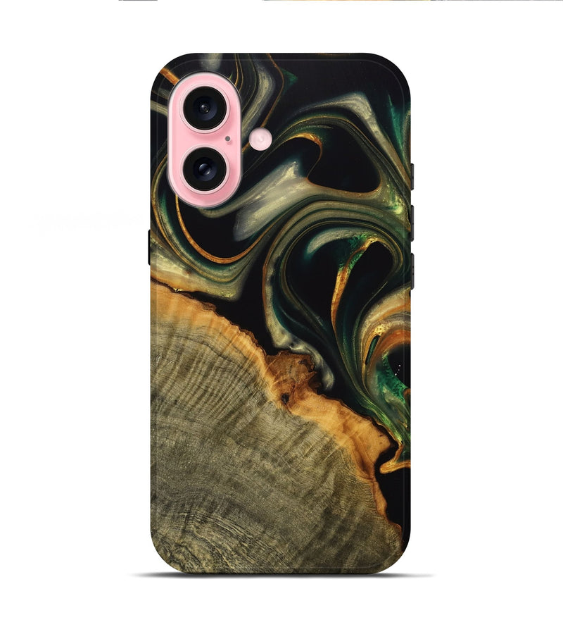 iPhone 16 Wood Live Edge Phone Case - Medora (Teal & Gold, 739078)