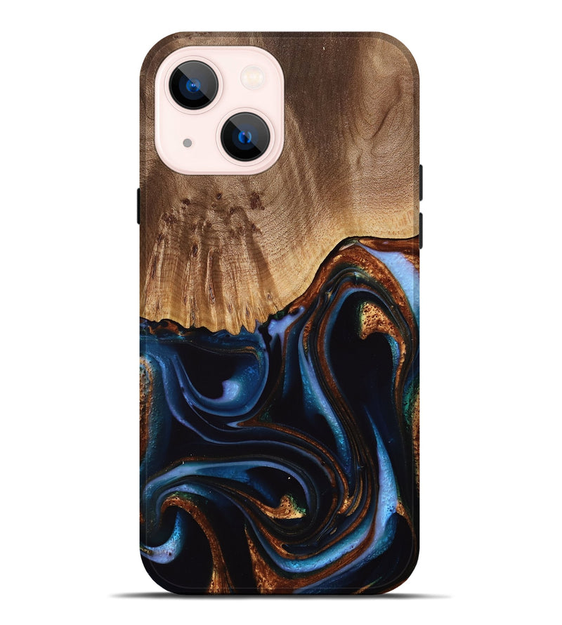 iPhone 14 Plus Wood Live Edge Phone Case - Frazier (Teal & Gold, 739082)