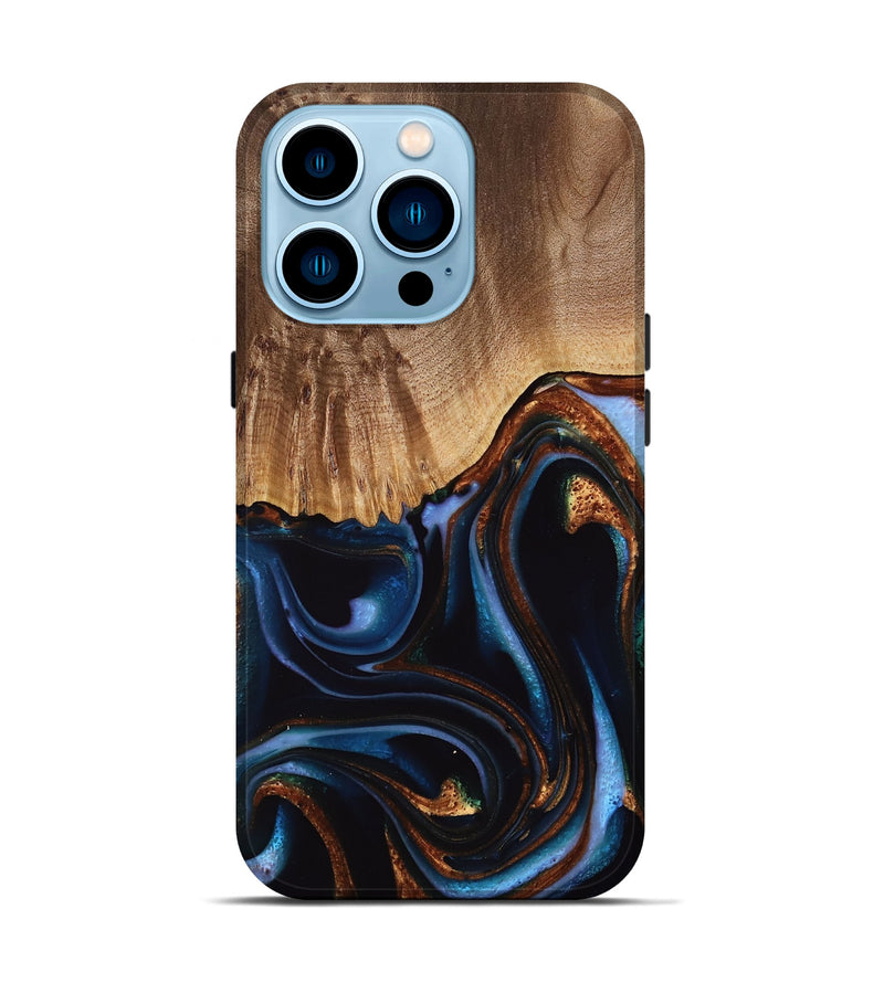 iPhone 14 Pro Wood Live Edge Phone Case - Frazier (Teal & Gold, 739082)