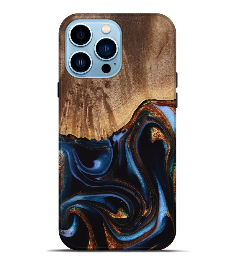 iPhone 14 Pro Max Wood Live Edge Phone Case - Frazier (Teal & Gold, 739082)