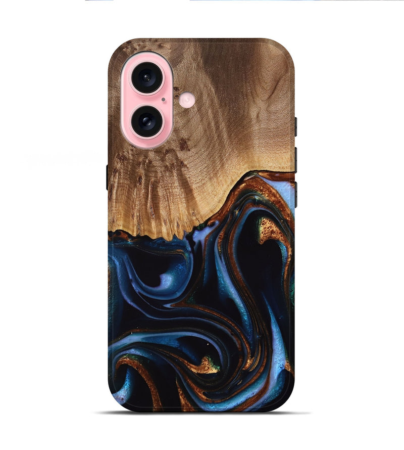 iPhone 16 Wood Live Edge Phone Case - Frazier (Teal & Gold, 739082)