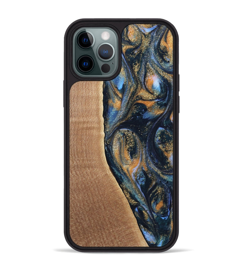 iPhone 12 Pro Max Wood Phone Case - Mikal (Teal & Gold, 739222)