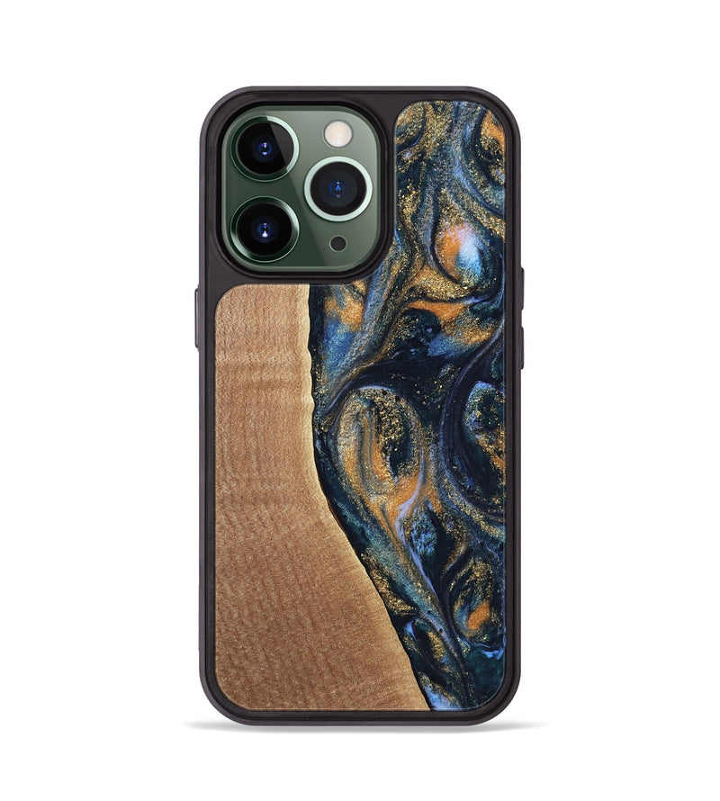 iPhone 13 Pro Wood Phone Case - Mikal (Teal & Gold, 739222)